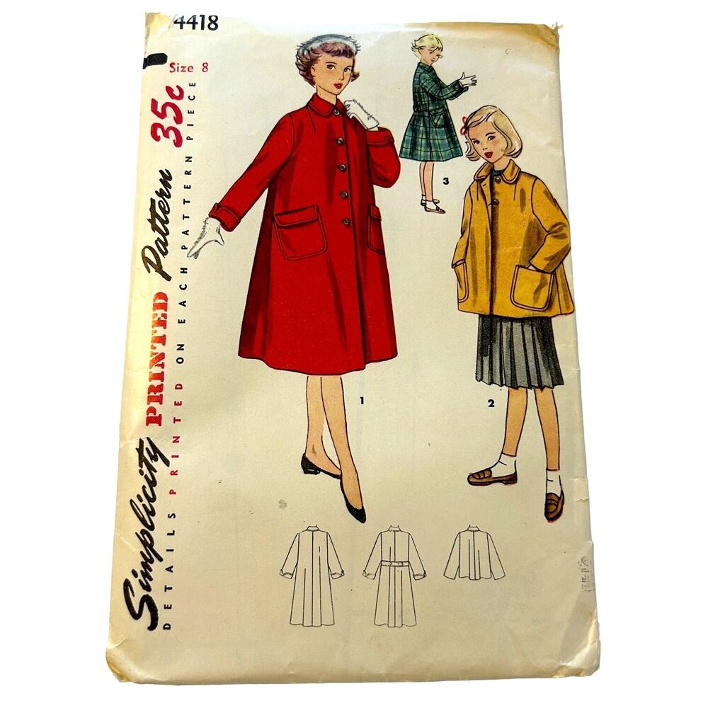 Simplicity Vintage 1950's Pattern #4418 Girls Coat Two Lengths Size 8